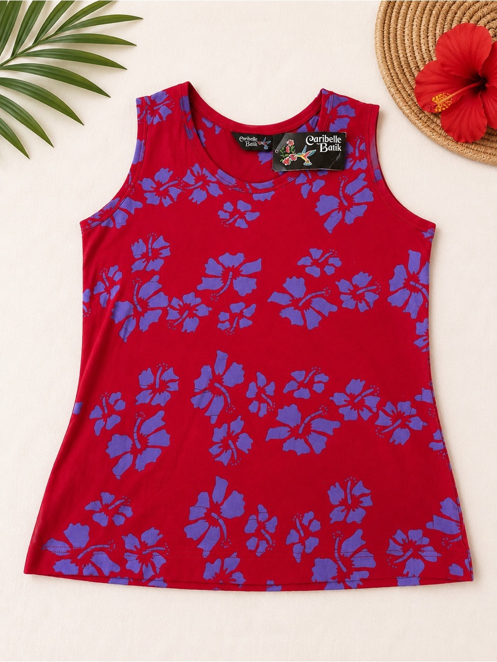 NWT Caribelle Batik Hibiscus Red Purple Cotton Tank Top Size S